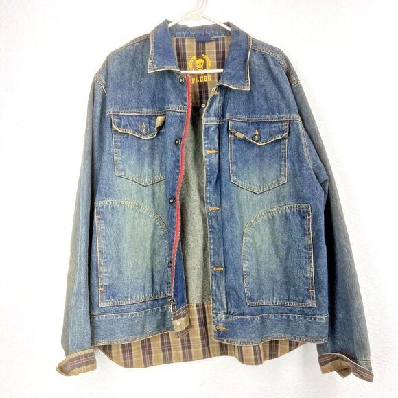 Plugg Vintage Denim Jean Jacket Plaid Lining goth men pockets Made in Russia XL